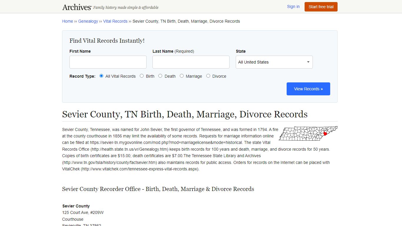 Sevier County, TN Birth, Death, Marriage, Divorce Records